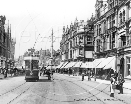 Broad Street with a Tram travelling down the middle, Reading in Berkshire c1900s