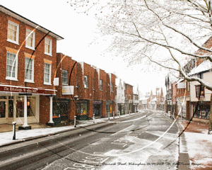 Denmark Street, Wokingham in Berkshire on the snowy Sunday morning of 6th April 2008