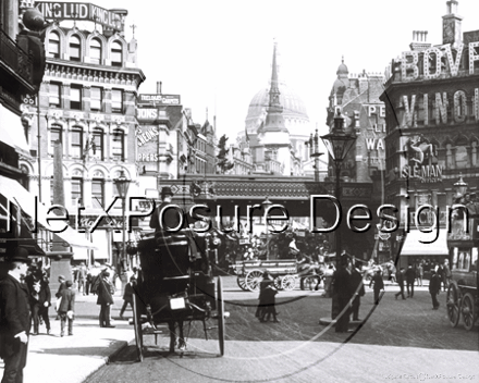 Ludgate Circus with a Hansom Cab parked up and St Pauls in the distance in London c1890s