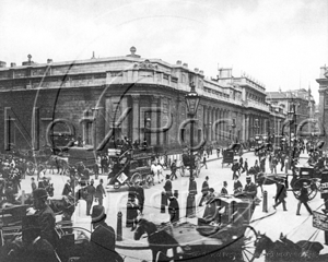 Bank of England and a busy Bank Junction containing Hansom Cabs together with horse-drawn traffic in London c1890s