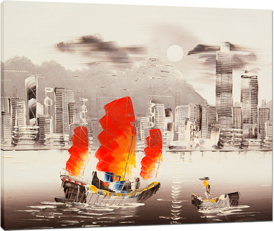 Picture of Landscapes - Hong Kong Harbour & Junk Boat - O032