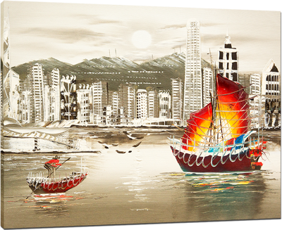 Picture of Landscapes - Hong Kong Harbour & Junk Boat - O030