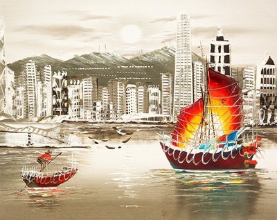 Picture of Landscapes - Hong Kong Harbour & Junk Boat - O030