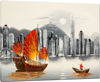 Picture of Landscapes - Hong Kong Harbour & Junk Boat - O033