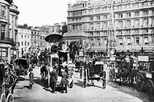 Charing Cross and The Strand with horse-drawn traffic containing Hansom Cabs and Growler Cabs in London c1890s